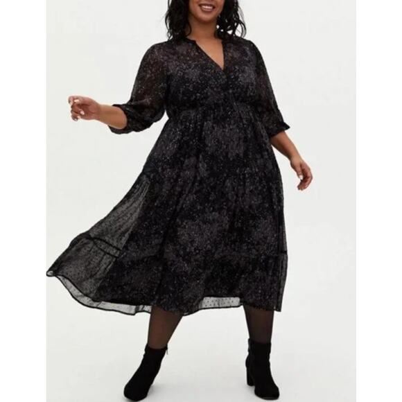 Torrid Midi Dress WMNS 2X Black Gray Swiss Dot Sheer Tiered Long Sleeve V-Neck - Picture 2 of 6
